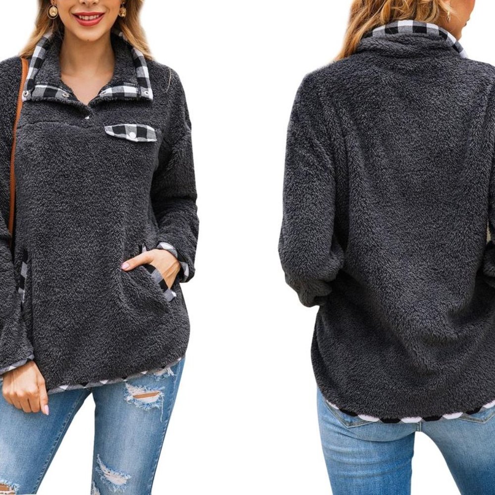 Plush Fleece Pullover with Buffalo Check Accents